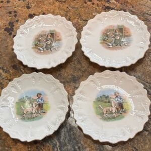 Vintage Decorative Plates Set - Cream with Pastoral Scenes. Set of 4 - 6” across